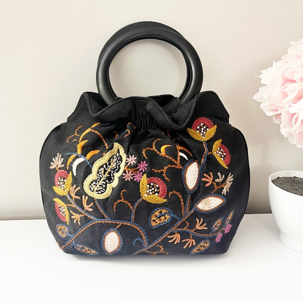Forever by Fossil Black Floral Embroidered Hand Bag